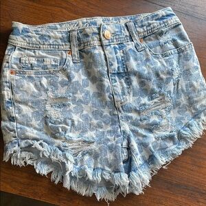 Blue Distressed Jean Shorts with Frayed Hem